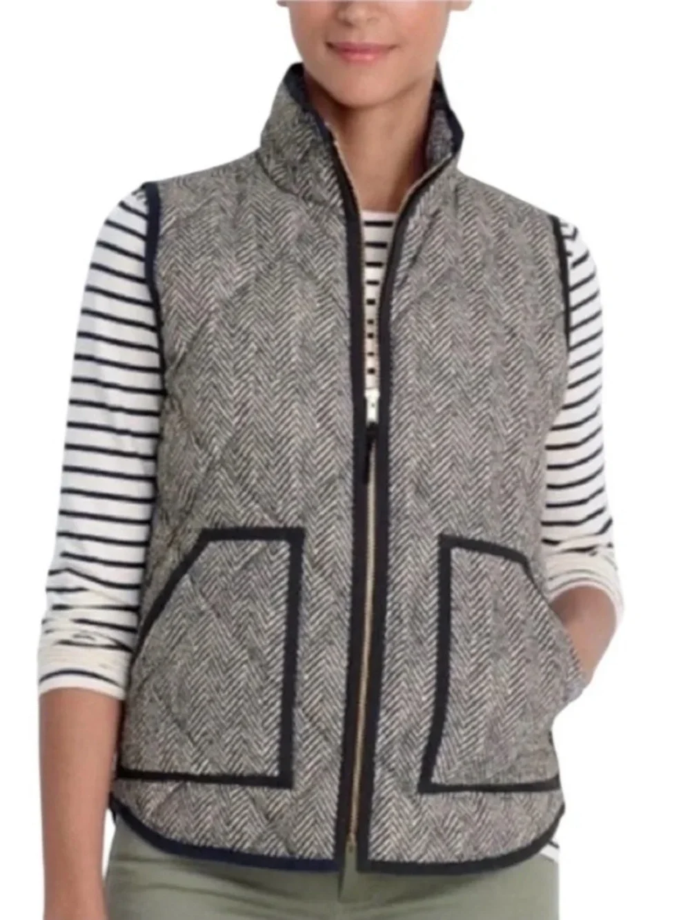 J.Crew Quilted Excursion Vest Women Black White Herringbone Size M